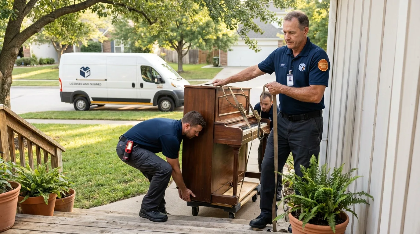 Licensed piano movers securing grand piano in Madison, NH
