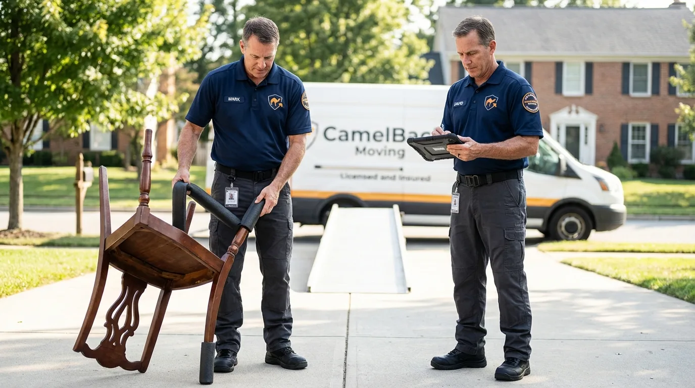 Movers inspecting furniture for damage prevention before loading in Madison, NH