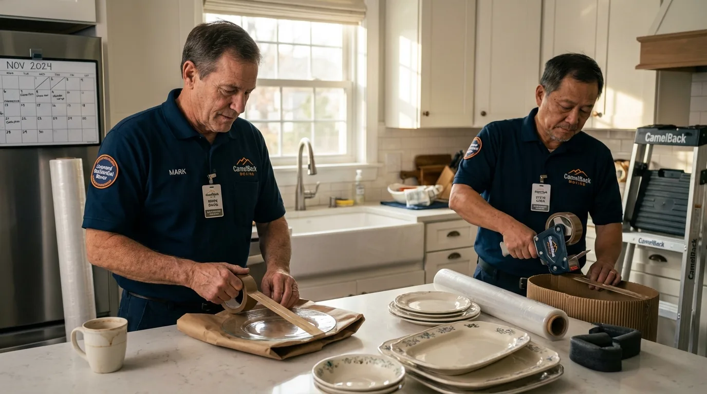 Professional crew packing kitchen dishware in Madison, NH